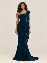 Black Velvet One-Shoulder Mermaid Evening Gown with Bow & Ruffles