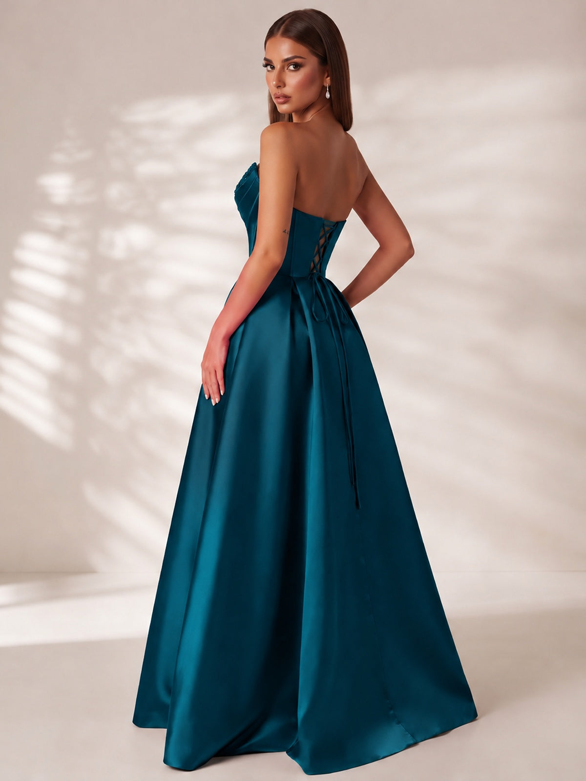 Strapless Corset Satin Prom Dress Long Evening Gown with High Slit