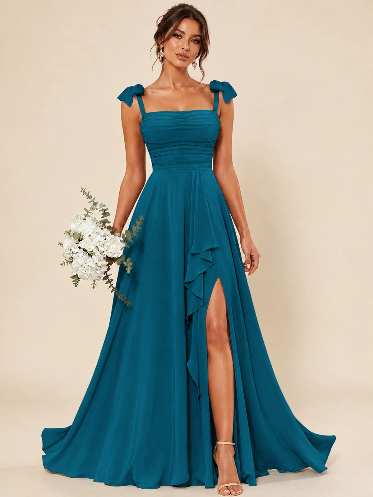Ruffle Slit Chiffon A Line Scoop Neck Bridesmaid Dresses with Pockets
