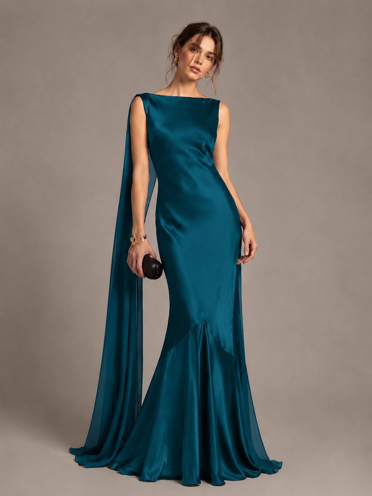 Burgundy Satin Mermaid Cape Maxi Dress