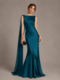 Burgundy Satin Mermaid Cape Maxi Dress