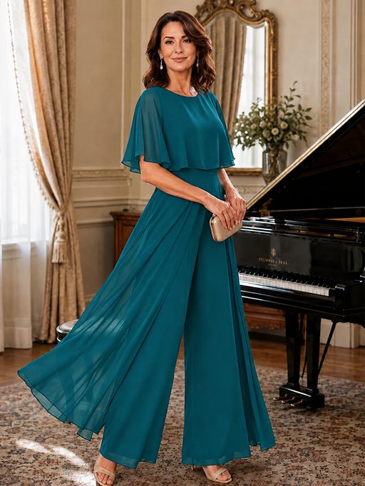 Chiffon Mother of the Bride Jumpsuit with Layered Cape Sleeves