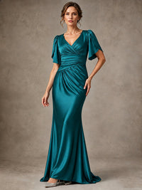 V-Neck Satin Mother of the Bride Dress with Flutter Sleeves