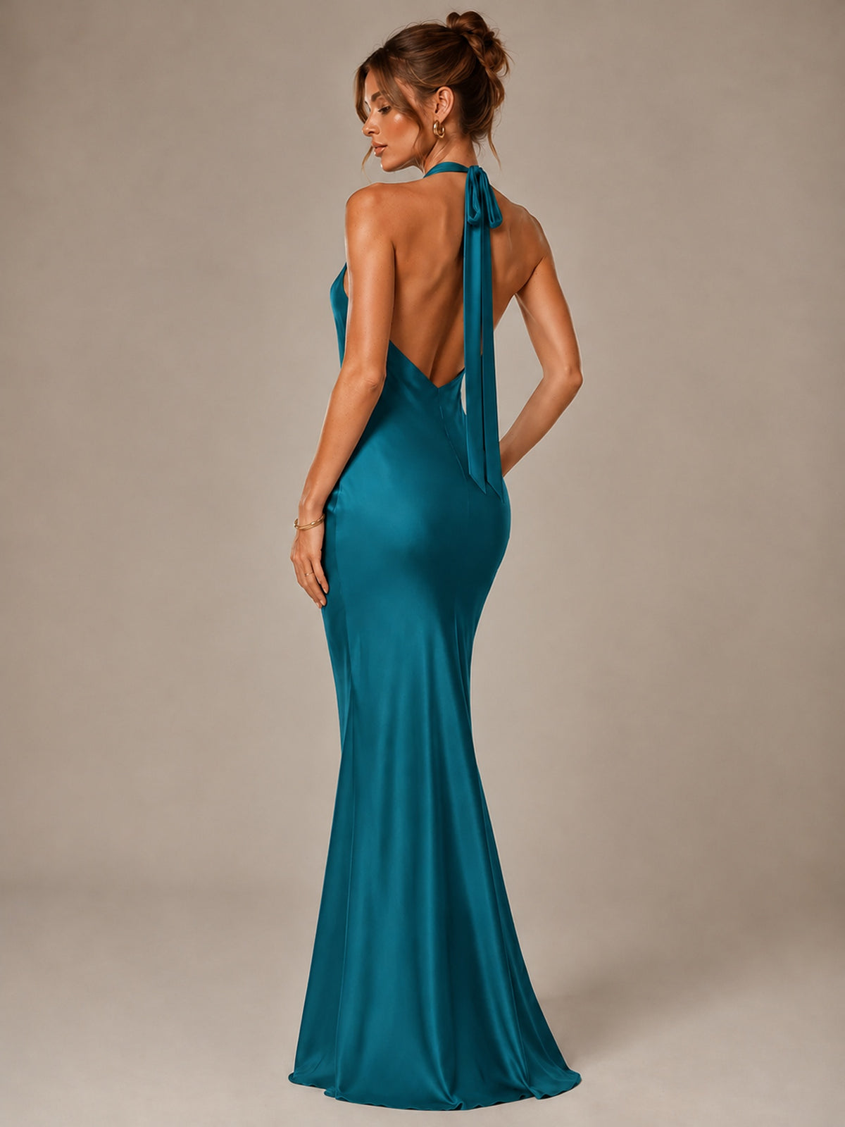 Olive Green Halter Satin Mermaid Maxi Dress