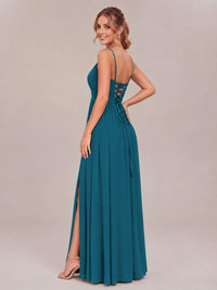 V-Neck Pleated Chiffon Long Bridesmaid Dress with Slit