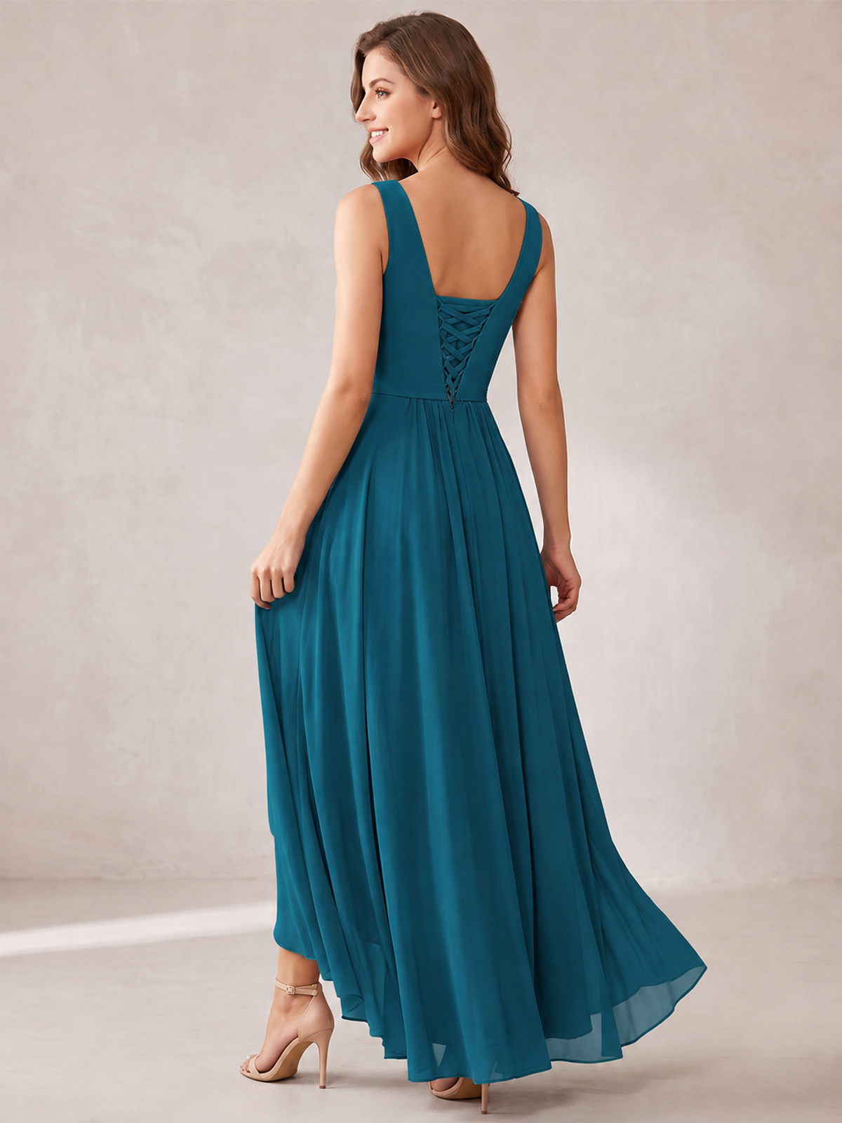 V-Neck High-Low Chiffon Bridesmaid Dress with Ruffles