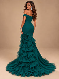 Dusty Blue Off-the-Shoulder Mermaid Prom Dress with 3D Rose & Ruffles