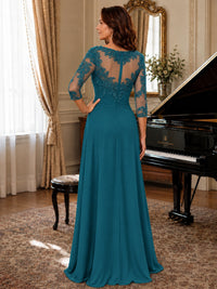 A-Line Chiffon Mother of the Bride Dress with Floral Applique 3/4 Sleeves