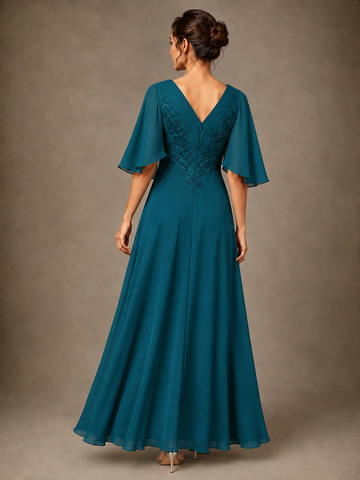 V-Neck Chiffon Lace Mother of the Bride Dress with Flutter Sleeves