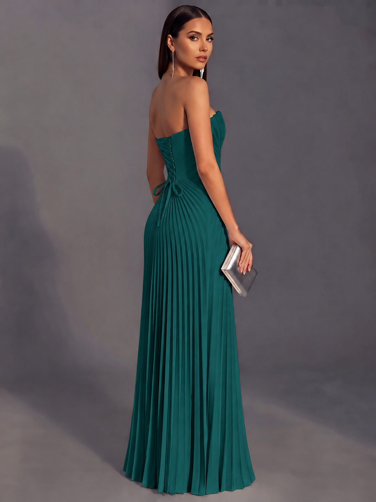 Strapless A-line Long Pleated Satin Prom Dress
