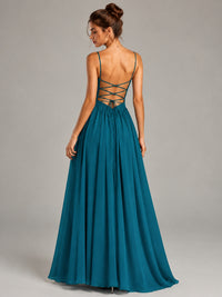 Spaghetti Strap Ruched Chiffon Maxi Dress with Backless