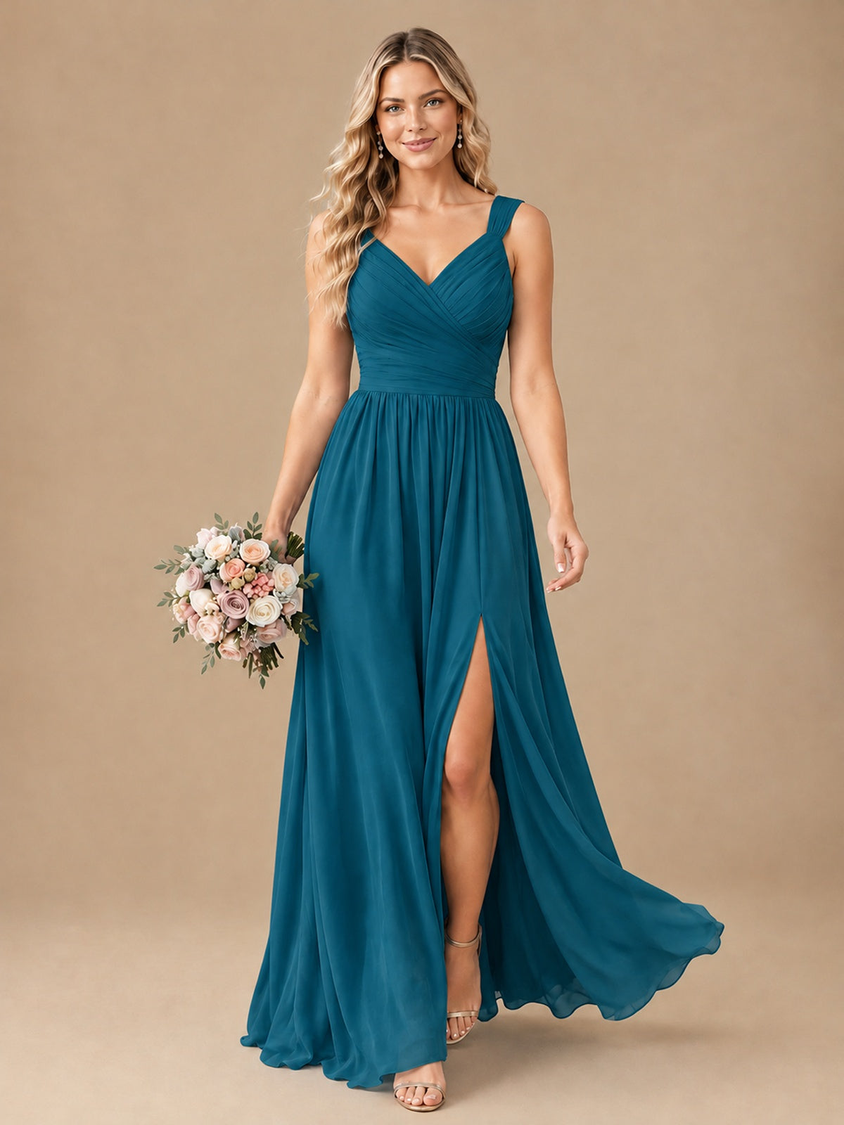Pleated Chiffon V Neck Wedding Bridesmaid Dresses Floor Length with Slit