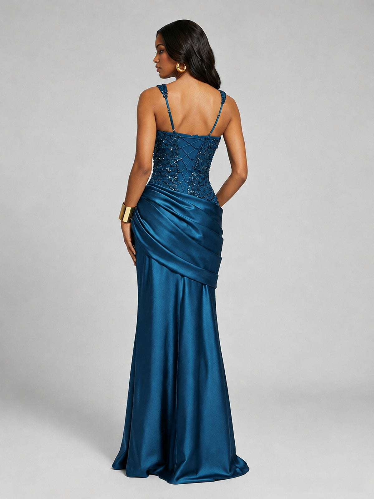Scoop Neck Sequin Prom Dress with High Slit Satin Formal Gowns