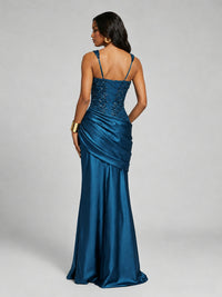 Scoop Neck Sequin Prom Dress with High Slit Satin Formal Gowns