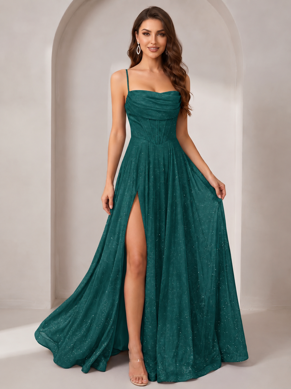 Sparkly Cowl Neck Corset Long Prom Dress with Slit A-line Tulle Ball Gown