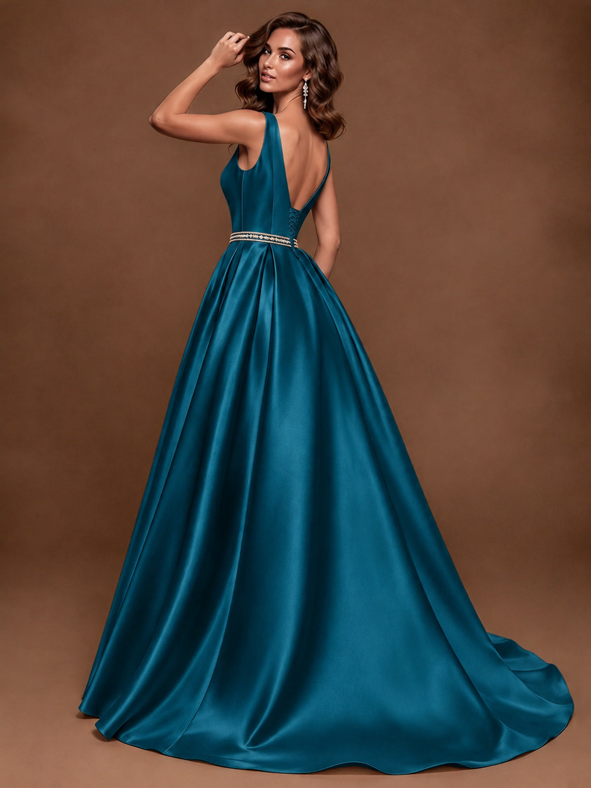 Satin A-Line Prom Dress Sleeveless Beaded Waist Formal Gown with Pockets