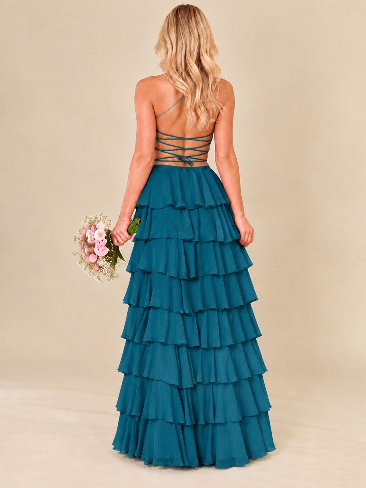 Ruffled Tiered Chiffon Prom Dress Spaghetti Straps Formal Maxi Dress with Slit