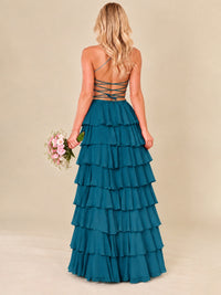 Ruffled Tiered Chiffon Prom Dress Spaghetti Straps Formal Maxi Dress with Slit