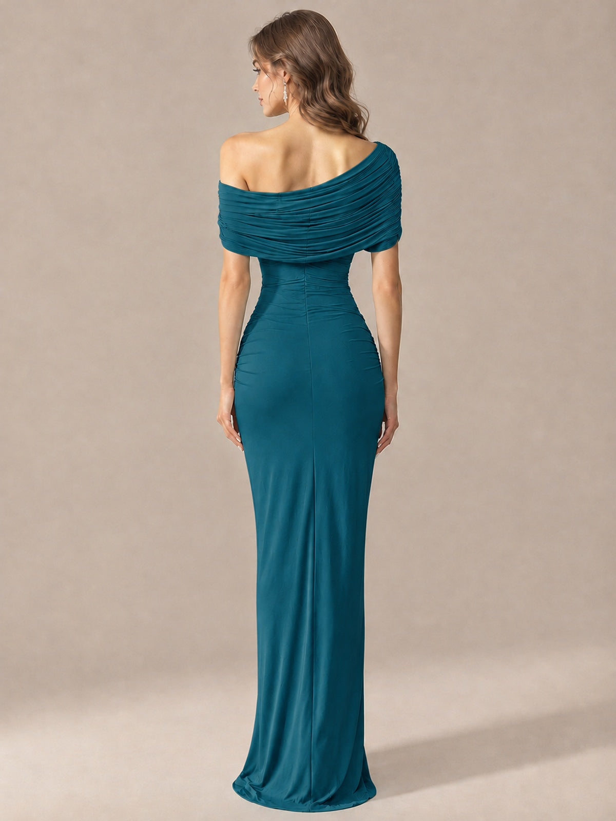 Elegant Draped Off Shoulder Ruched Mermaid Chiffon Formal Evening Gown