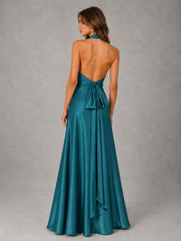 Sage Green Satin A-Line Bridesmaid Dress with Halter Neck