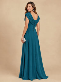 V Neck Pleated Mother of The Bride Dresses with Beading Cap Sleeves