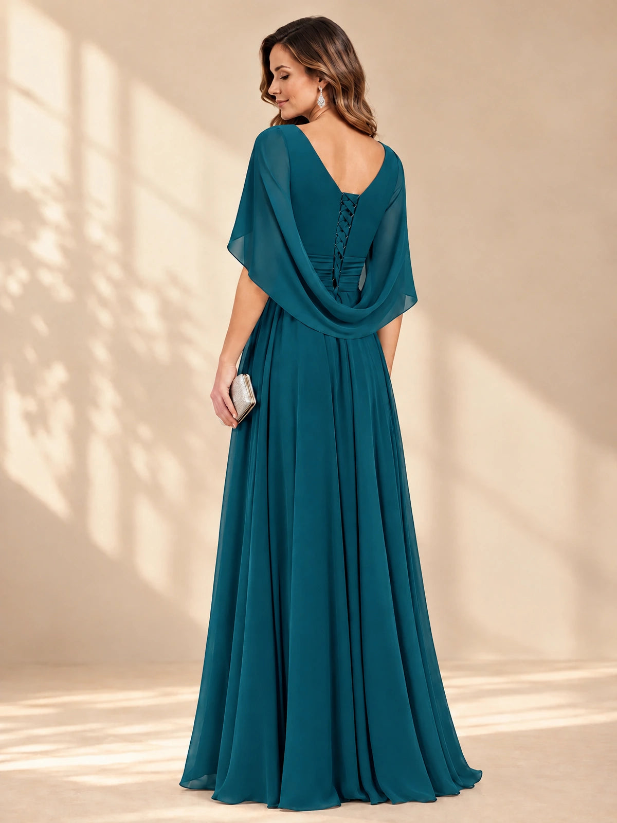Ruched V Neck Mother of The Bride Dresses with Shawls Appliques and Cap Sleeves
