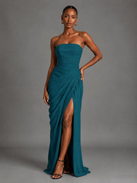 Strapless Bodycon Pleated Chiffon Formal Dress with Slit