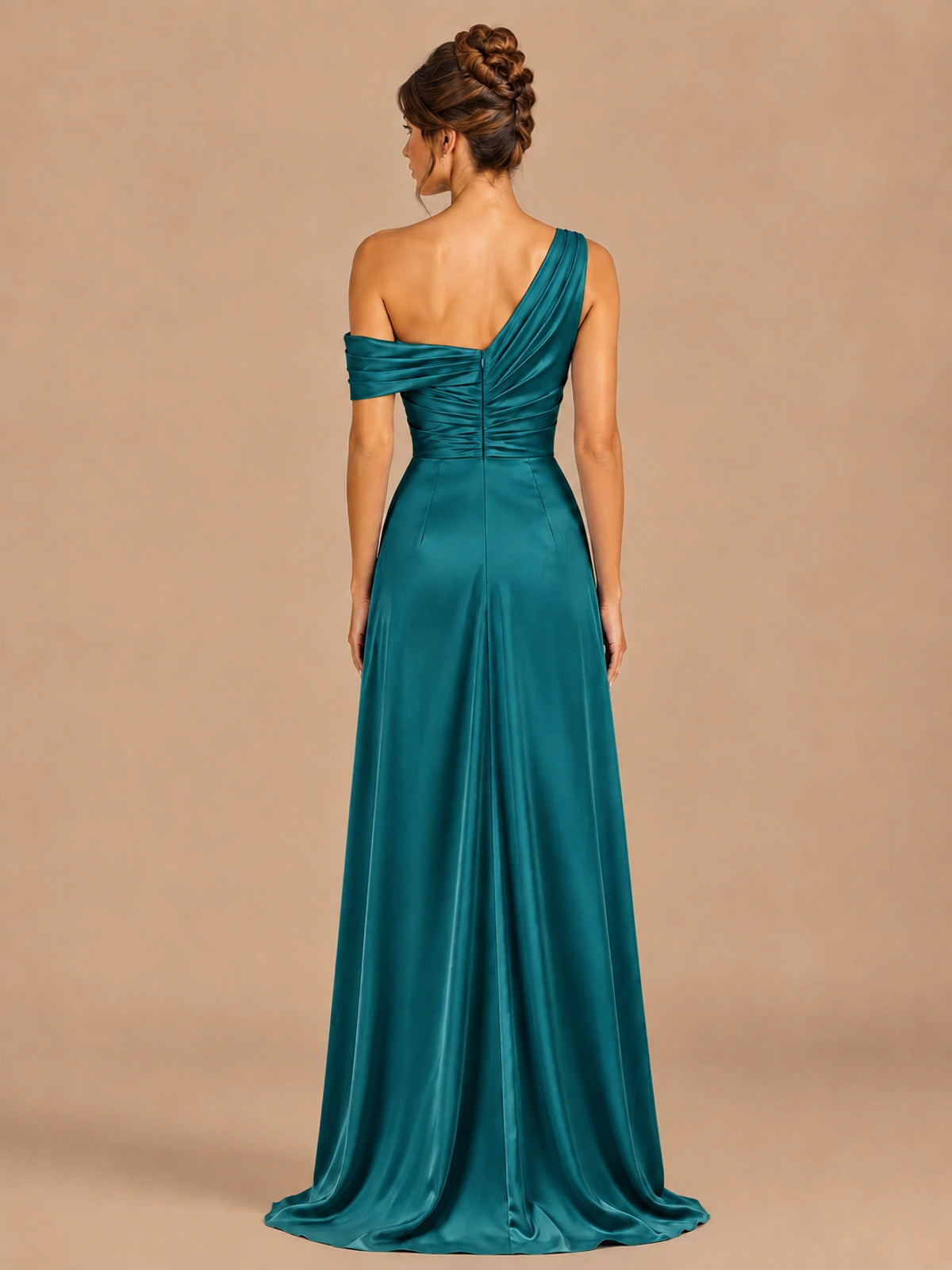 Satin One Shoulder Prom Dress Ruched Long Formal Evening Gown
