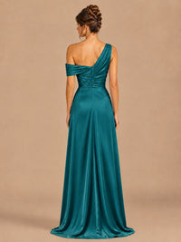 Satin One Shoulder Prom Dress Ruched Long Formal Evening Gown