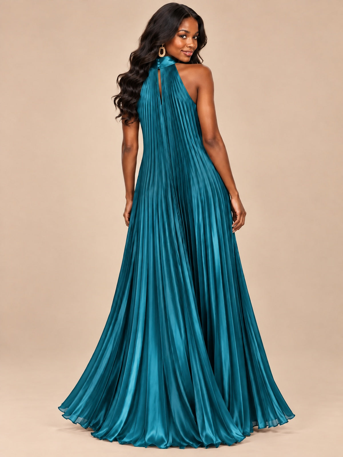 Rust Orange Pleated Halter Neck Maxi Dress
