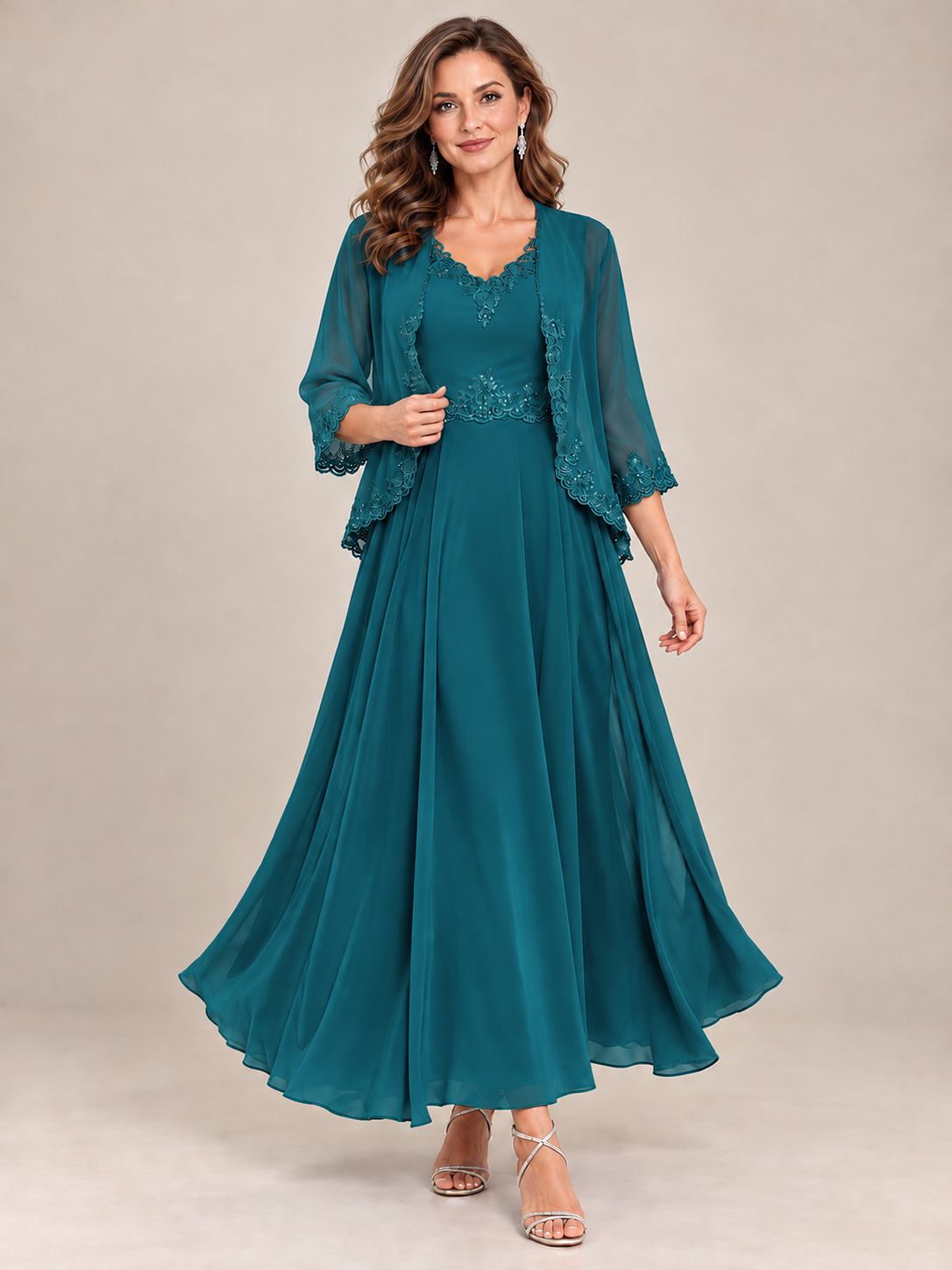 Dusty Blue Floral Lace Chiffon Mother of the Bride Dress with Jacket