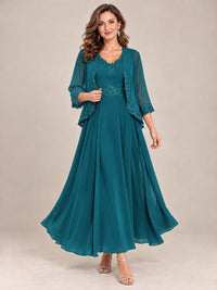 Dusty Blue Floral Lace Chiffon Mother of the Bride Dress with Jacket