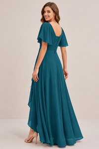 Dusty Blue Chiffon Bridesmaid Dress with Flutter Sleeves & High-Low Hem