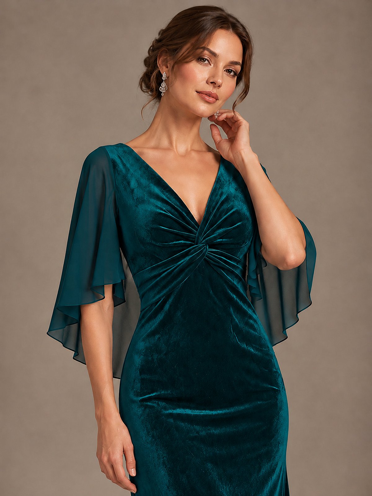 Navy Blue Velvet V Neck Mermaid Formal Dress with Flutter Cape Sleeves