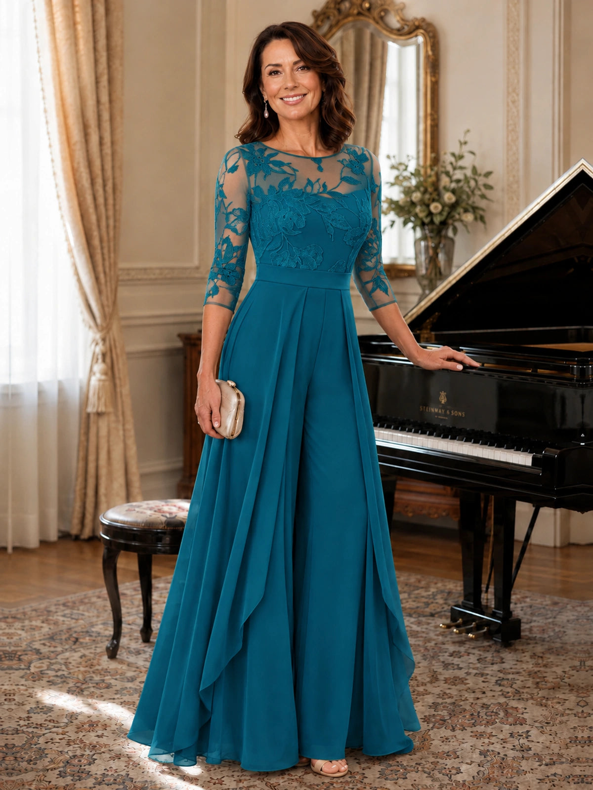 Lace Applique Wide-Leg Chiffon Mother of the Bride Jumpsuit