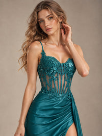Mermaid Satin Prom Dress with Floral Appliqué Corset and High Slit