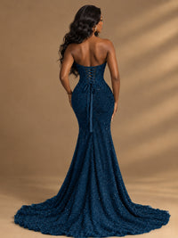 Beaded Sequin Prom Dress Strapless Formal Gowns with High Slit Train