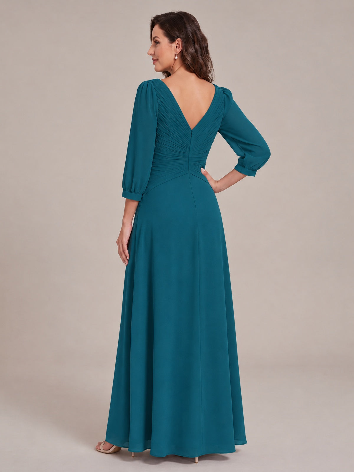 V-Neck Pleated Chiffon Mother of the Bride Dress with Flutter Sleeves