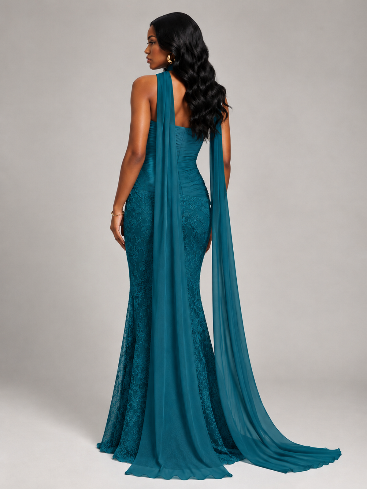 Pleated Chiffon Lace Prom Dresses Long Bodycon Mermaid with Scarf