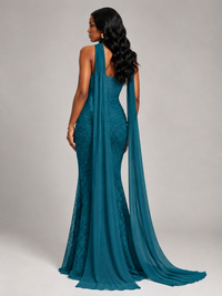 Pleated Chiffon Lace Prom Dresses Long Bodycon Mermaid with Scarf