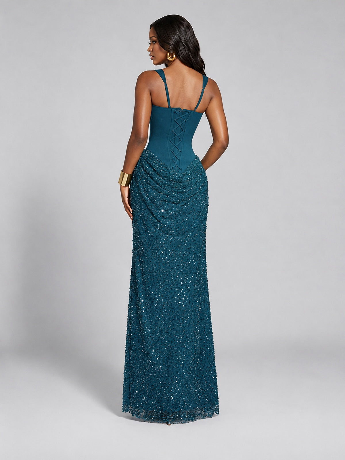 Sequin Corset Mermaid Prom Dress with Square Neck Wide Strap High Slit