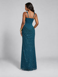 Sequin Corset Mermaid Prom Dress with Square Neck Wide Strap High Slit