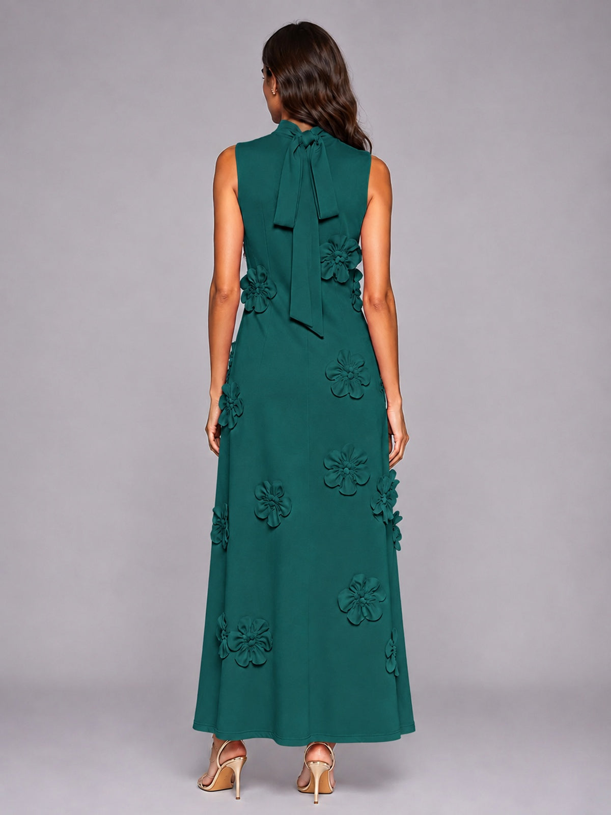 3D Floral Applique High Neck Prom Maxi Dress
