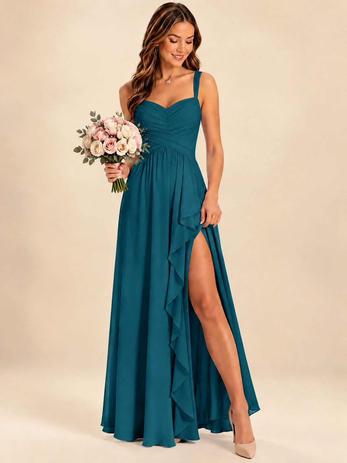 Spaghetti Straps Pleated Chiffon Bridesmaid Dress with Ruffle Slit