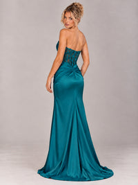 Strapless Satin Prom Dress with Sheer Lace Corset & High Slit