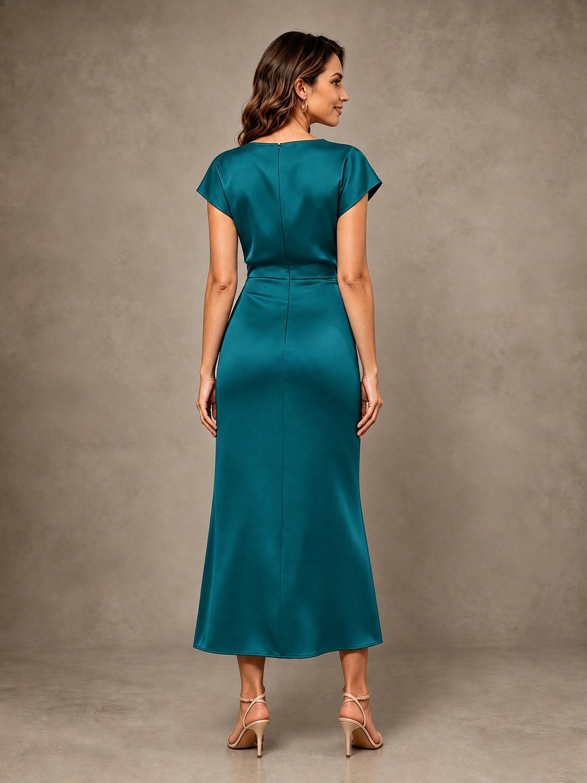 Cowl Neck Satin Mother of the Bride Dress with Ruched Waist