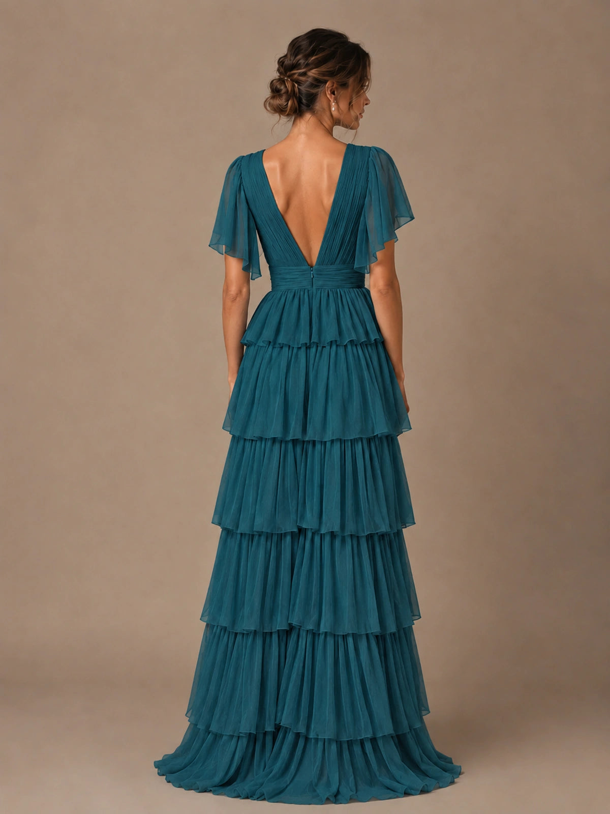 Chiffon V-Neck Tiered Ruffle Bridesmaid Dress with Slit