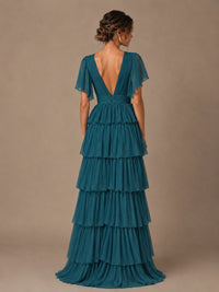 Chiffon V-Neck Tiered Ruffle Bridesmaid Dress with Slit