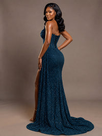 Luxury Strapless Sequin Corset Mermaid Prom Dress with High Slit & Train