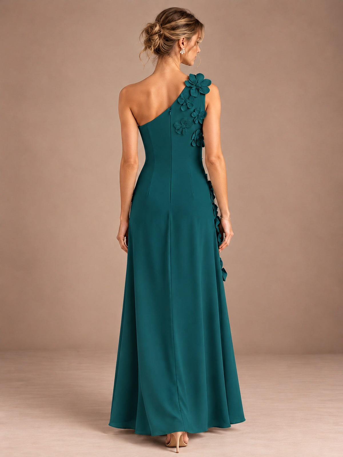 Sage Green One Shoulder Satin Formal Maxi Dress with 3D Floral